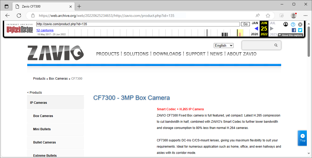 Figure 1. Product sheet of the Zavio CF7300 3MP Box Camera